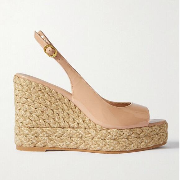 Stuart Weitzman Island Patent-Leather Wedge Espadrille Slingback Beige - US 7.5